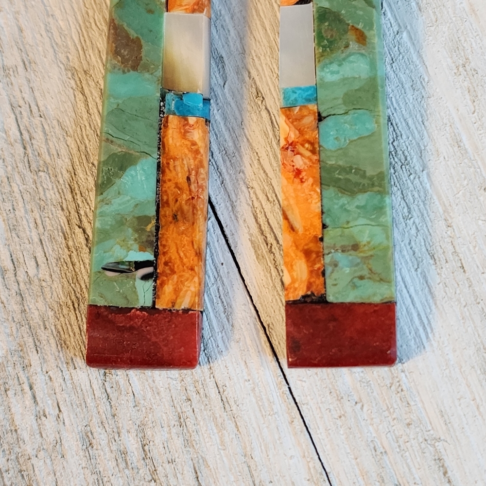 Native American Multi Stone Inlay Drop Earrings - Picture 9 of 15